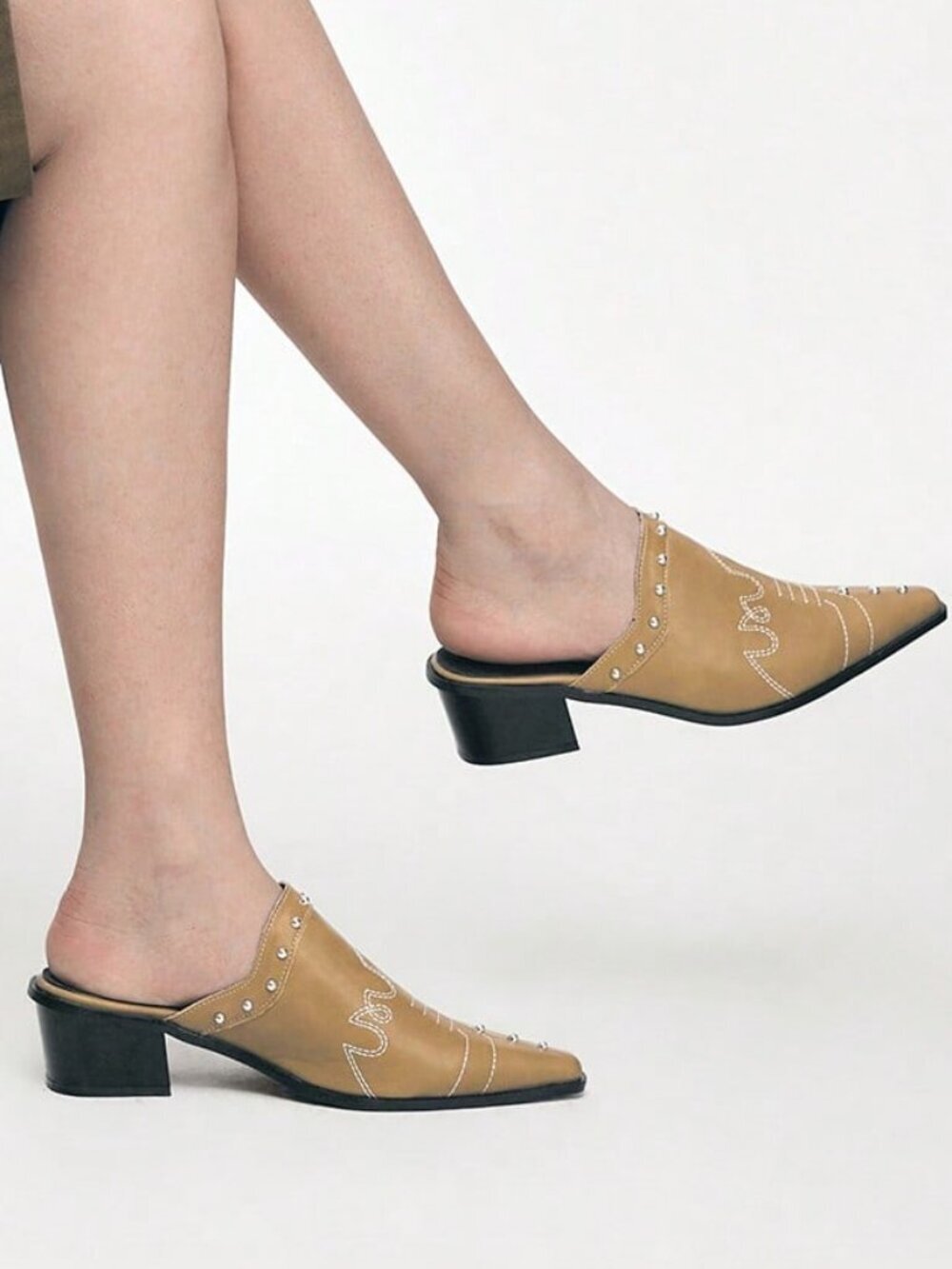 Khaki Casual Women's Studded Decor Pointed Toe High Heel Mules - Picture 2 of 9